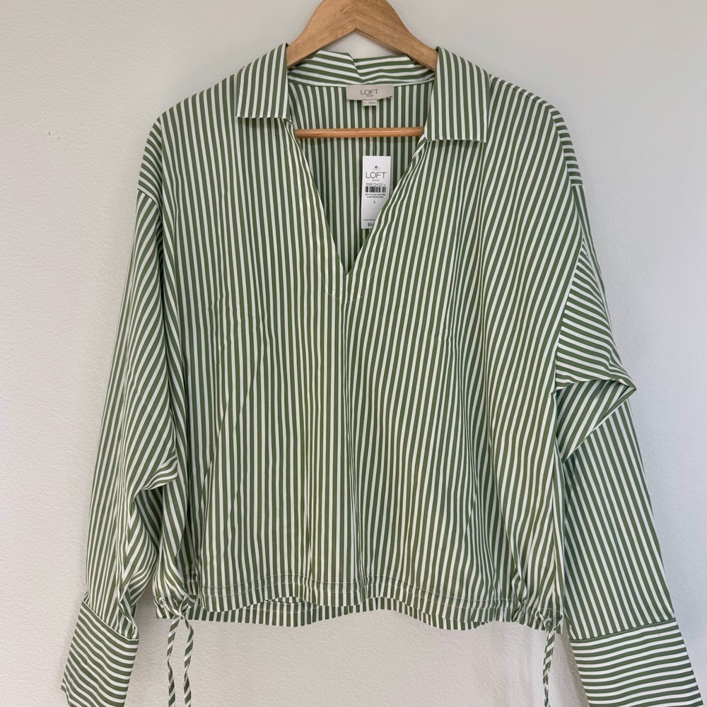 LOFT Outlet Green White Striped Cinchable drawstring Waist Striped Blouse L NWT